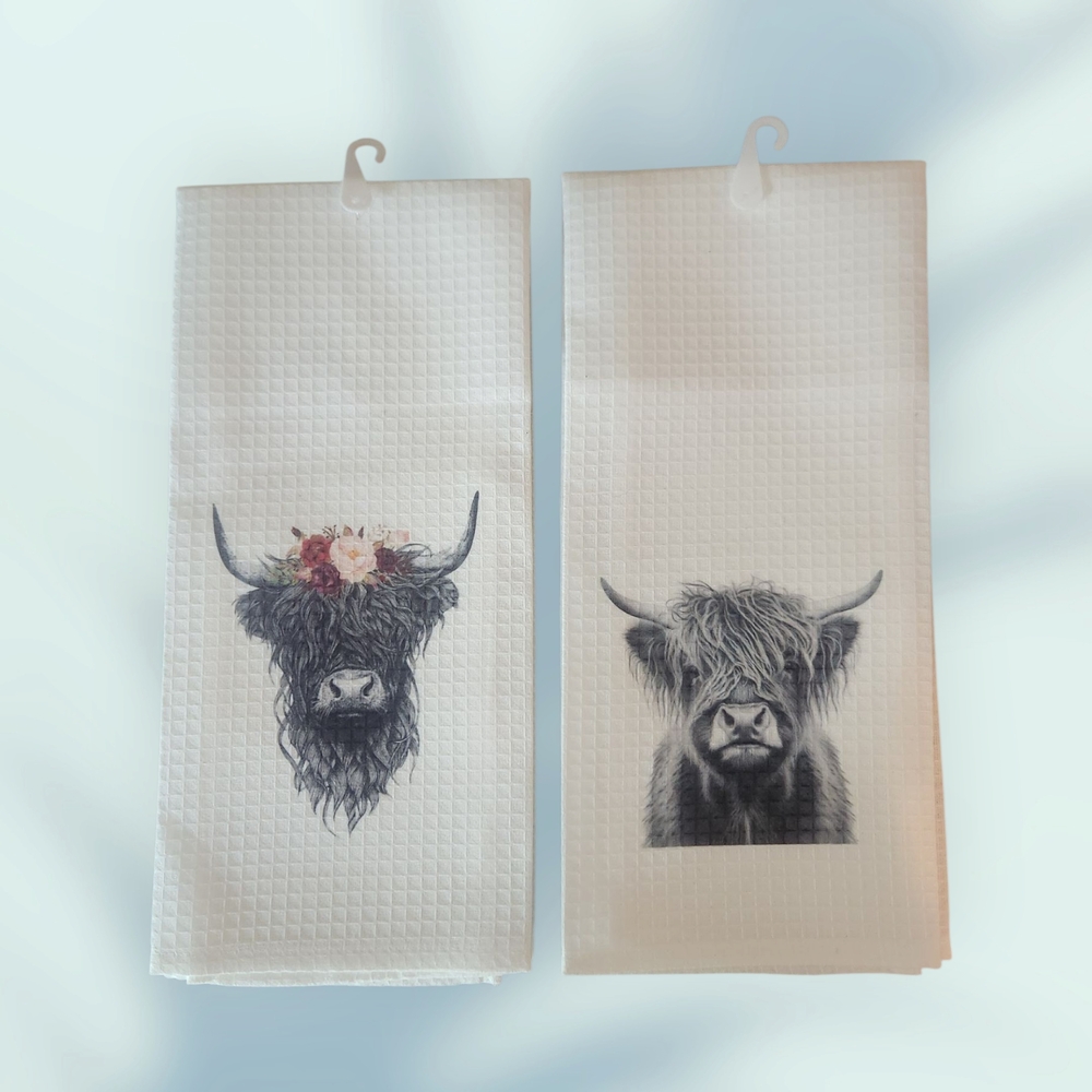 Highland Cow Kitchen Towels - Set of 2. Hand Crafted